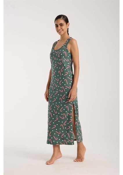 Kadın Kalın Askılı Yırtmaçlı Uzun Yeşil Gecelik