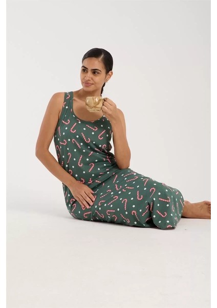 Kadın Kalın Askılı Yırtmaçlı Uzun Yeşil Gecelik