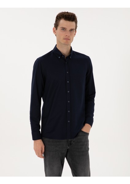 Erkek Lacivert Mikro Desenli Slim Fit Uzun Kollu Gömlek 50316747-VR033
