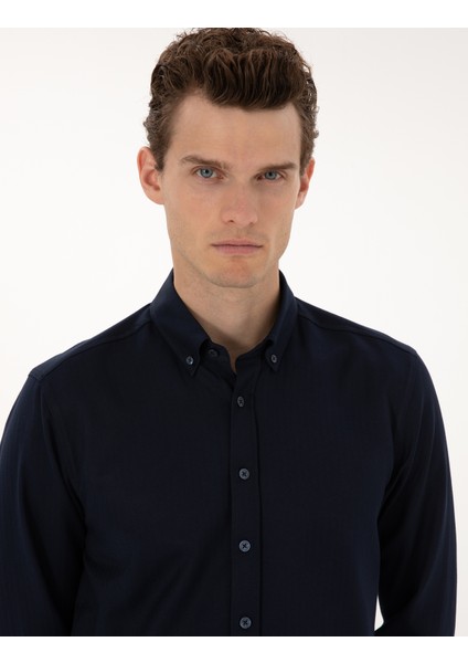 Erkek Lacivert Mikro Desenli Slim Fit Uzun Kollu Gömlek 50316747-VR033 fiyatları