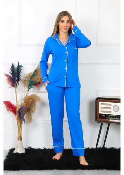 Kadın Pamuk Penye Önden Düğmeli Uzun Kol Saks Pijama Takım modelleri