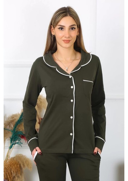 Kadın Pamuk Penye Önden Düğmeli Uzun Kol Haki Pijama Takım