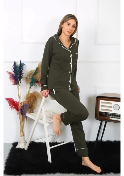 Kadın Pamuk Penye Önden Düğmeli Uzun Kol Haki Pijama Takım fiyatları