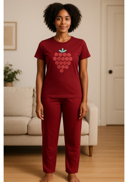 Kadın Kısa Kollu Pijama Takımı Bordo Baskılı