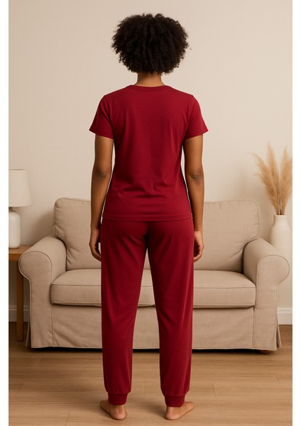 Kadın Kısa Kollu Pijama Takımı Bordo Baskılı fırsatları