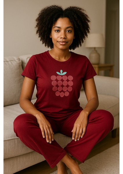 Kadın Kısa Kollu Pijama Takımı Bordo Baskılı indirimleri