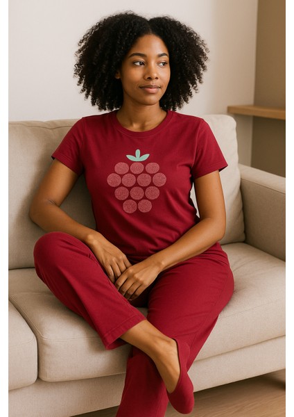 Kadın Kısa Kollu Pijama Takımı Bordo Baskılı