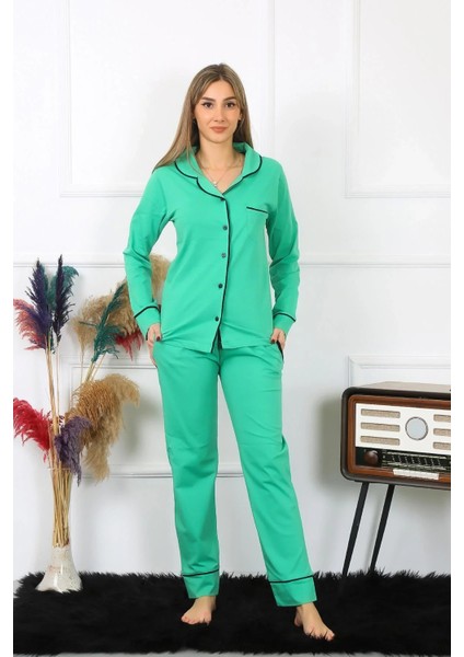 Kadın Pamuk Penye Önden Düğmeli Uzun Kol Yeşil Pijama Takım