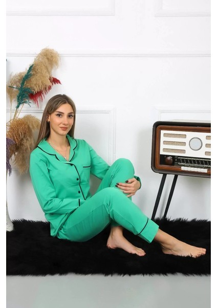 Kadın Pamuk Penye Önden Düğmeli Uzun Kol Yeşil Pijama Takım fiyatları