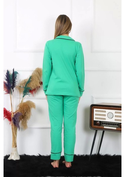Kadın Pamuk Penye Önden Düğmeli Uzun Kol Yeşil Pijama Takım fırsatları