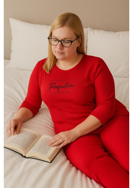 Kırmızı Kadın Büyük Beden Pijama Takımı