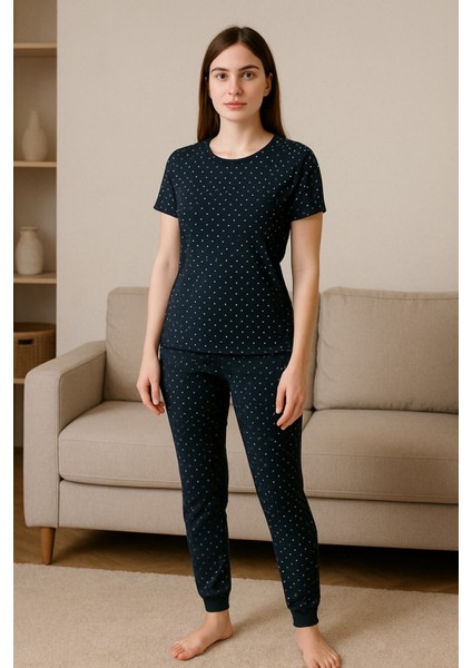 Kadın Siyah Pijama Takımı Kısa Kollu Kalp Baskılı