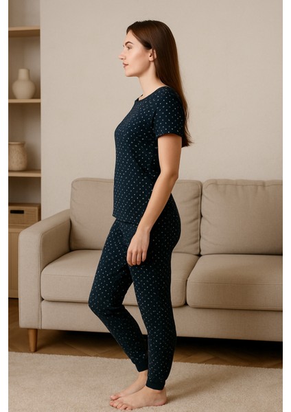 Kadın Siyah Pijama Takımı Kısa Kollu Kalp Baskılı fırsatları