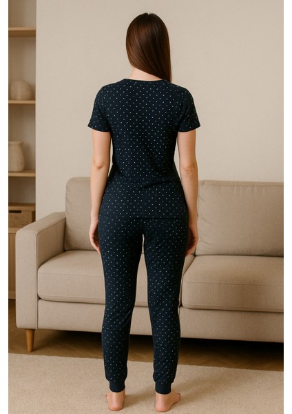 Kadın Siyah Pijama Takımı Kısa Kollu Kalp Baskılı indirimleri