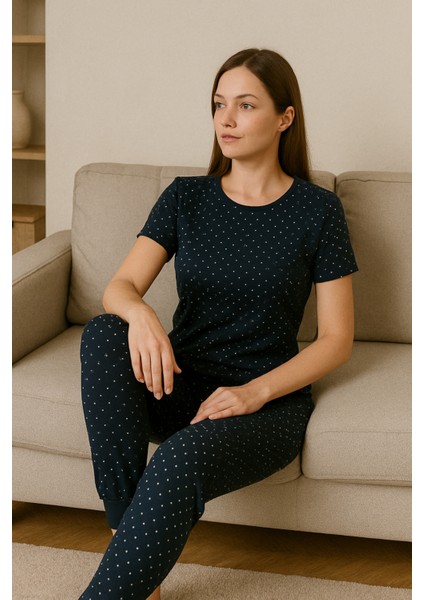 Kadın Siyah Pijama Takımı Kısa Kollu Kalp Baskılı