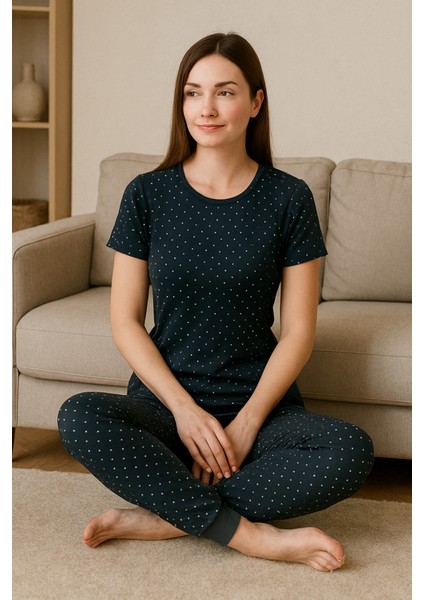 Kadın Siyah Pijama Takımı Kısa Kollu Kalp Baskılı