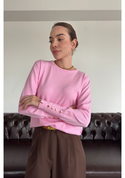 Bisiklet Yaka Kolu Düğmeli Orijinal Kazak- Pembe