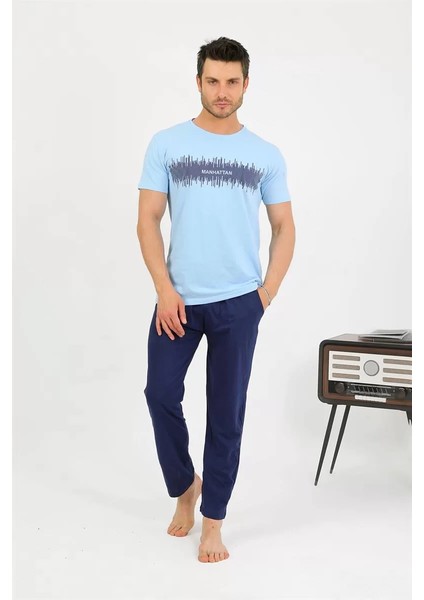 Erkek Pamuk Kısa Kol Pijama Takım Mavi