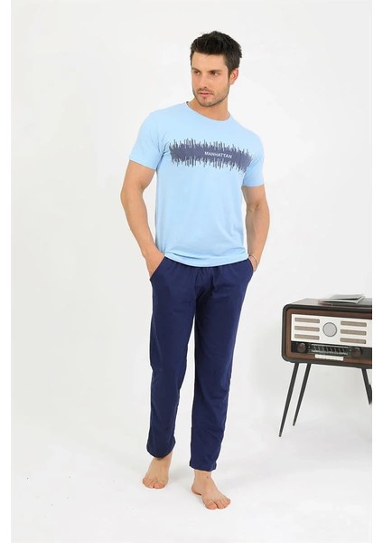 Erkek Pamuk Kısa Kol Pijama Takım Mavi fırsatları