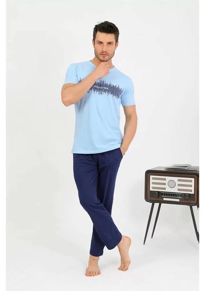 Erkek Pamuk Kısa Kol Pijama Takım Mavi indirimleri