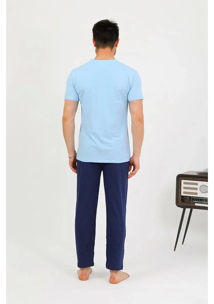 Erkek Pamuk Kısa Kol Pijama Takım Mavi