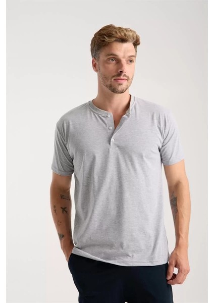 Erkek Gri Düğmeli Yaka Kısa Kol Pijama Takımı modelleri