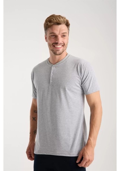 Erkek Gri Düğmeli Yaka Kısa Kol Pijama Takımı