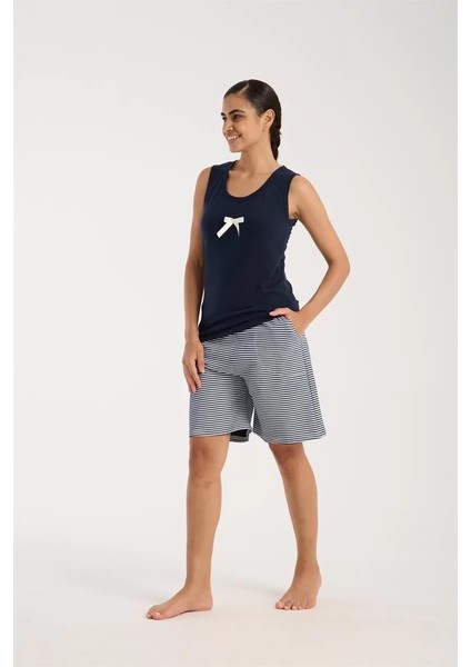 Kadın Lacivert Kurdele Detaylı Çizgili Şortlu Pijama Takımı fiyatları