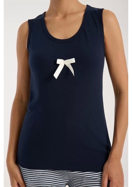 Kadın Lacivert Kurdele Detaylı Çizgili Şortlu Pijama Takımı