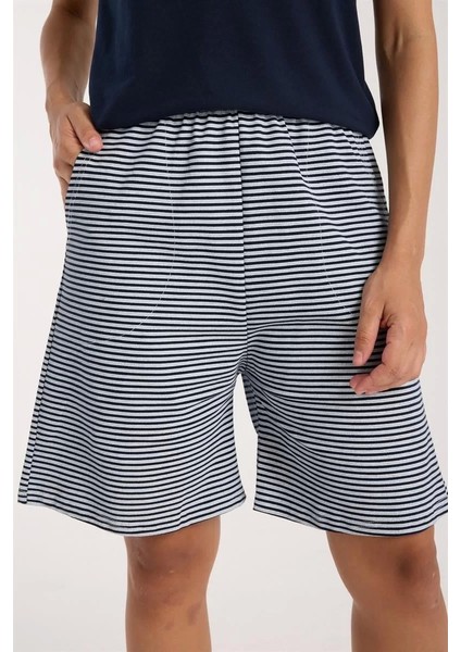 Kadın Lacivert Kurdele Detaylı Çizgili Şortlu Pijama Takımı