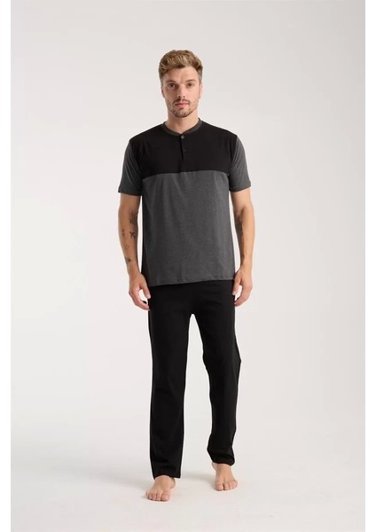 Erkek Antrasit Düğmeli Yaka Kısa Kol Pijama Takımı