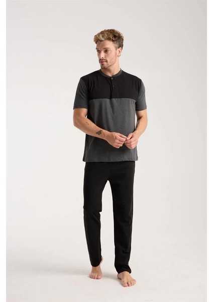 Erkek Antrasit Düğmeli Yaka Kısa Kol Pijama Takımı fiyatları
