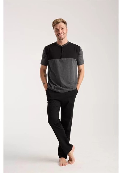 Erkek Antrasit Düğmeli Yaka Kısa Kol Pijama Takımı modelleri