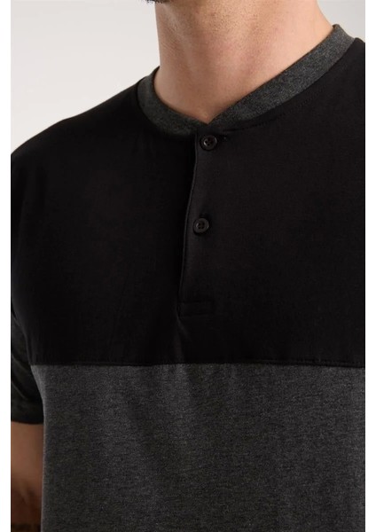 Erkek Antrasit Düğmeli Yaka Kısa Kol Pijama Takımı