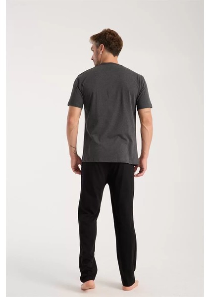 Erkek Antrasit Düğmeli Yaka Kısa Kol Pijama Takımı