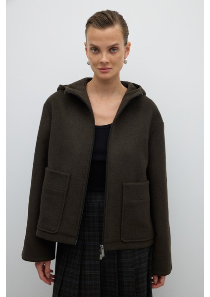 Yün Karışımlı Fermuar Detaylı Kapüşonlu Mont Haki K2617523_023