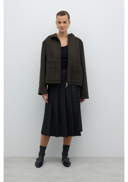 Yün Karışımlı Fermuar Detaylı Kapüşonlu Mont Haki K2617523_023 modelleri