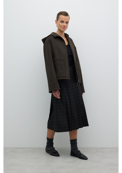 Yün Karışımlı Fermuar Detaylı Kapüşonlu Mont Haki K2617523_023 fırsatları