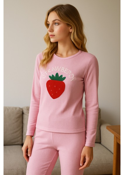 Uzun Kollu Pembe Pijama Takımı Strawberry modelleri