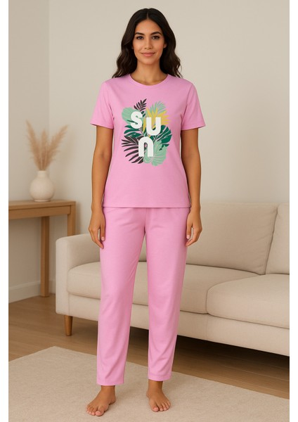 Kadın Pembe Pijama Takımı Kısa Kollu Baskılı