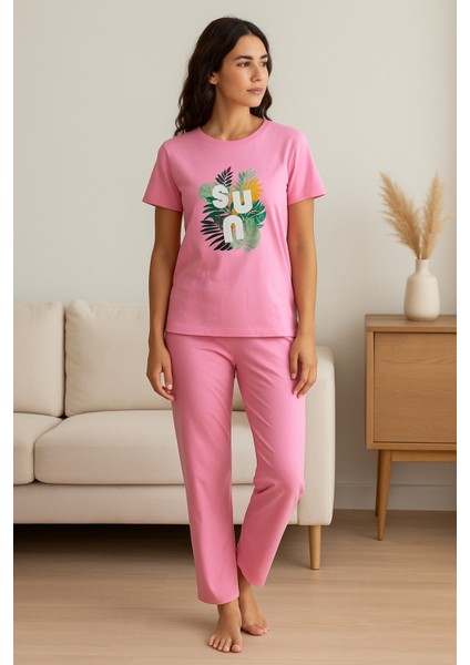 Kadın Pembe Pijama Takımı Kısa Kollu Baskılı fiyatları