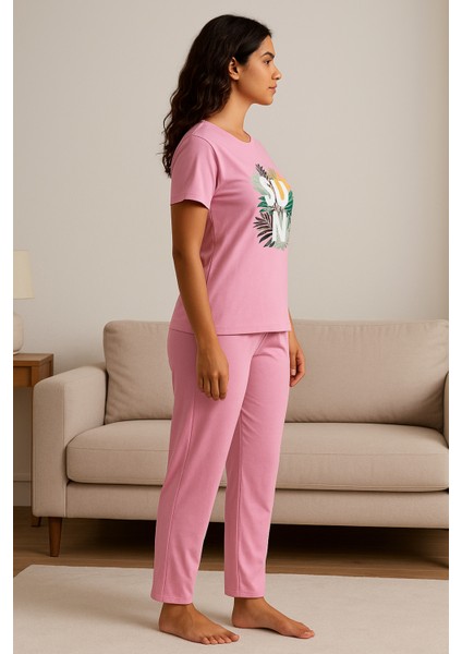 Kadın Pembe Pijama Takımı Kısa Kollu Baskılı modelleri