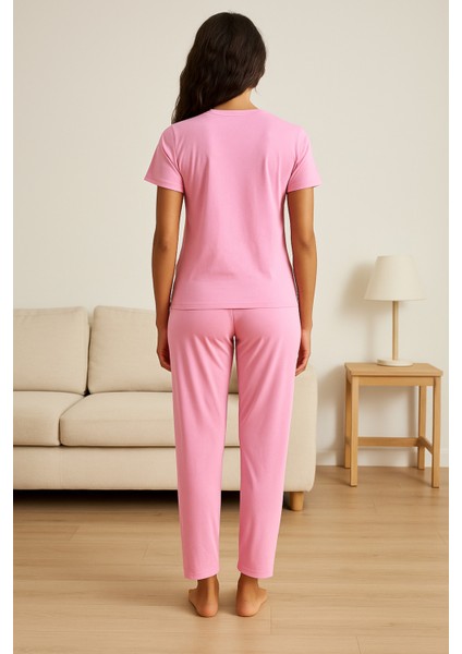 Kadın Pembe Pijama Takımı Kısa Kollu Baskılı fırsatları
