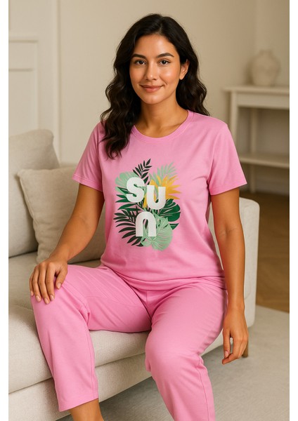 Kadın Pembe Pijama Takımı Kısa Kollu Baskılı indirimleri