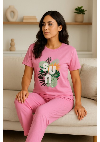 Kadın Pembe Pijama Takımı Kısa Kollu Baskılı