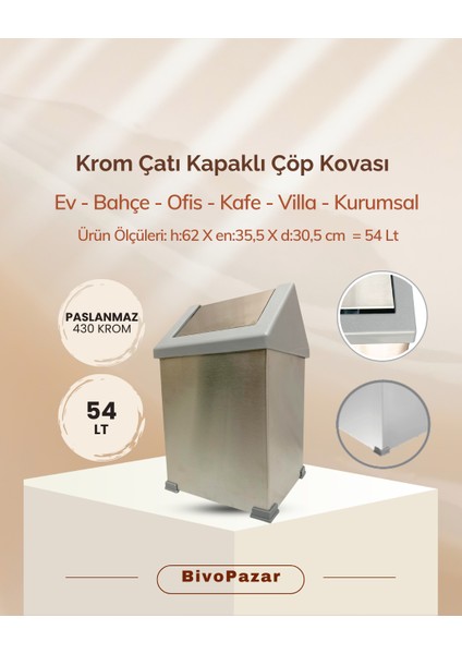 Krom Sallanır Çatı Kapaklı Çöp Kovası 54 Lt