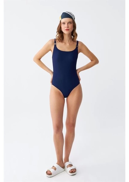 Kadın Lacivert Metal Aksesuarlı Ince Askılı Tek Parça Mayo