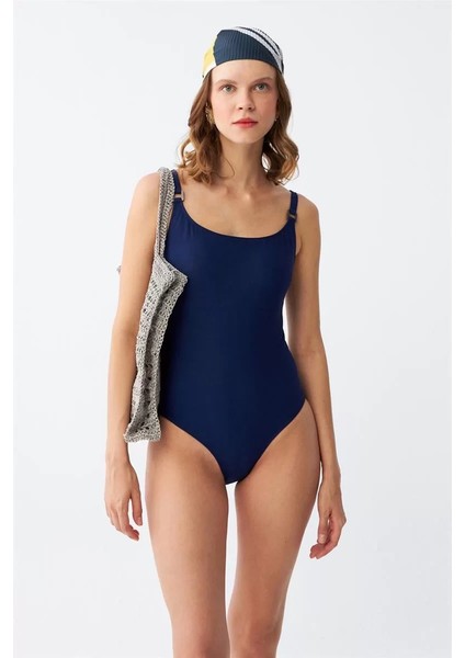 Kadın Lacivert Metal Aksesuarlı Ince Askılı Tek Parça Mayo fiyatları