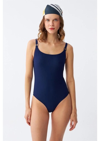 Kadın Lacivert Metal Aksesuarlı Ince Askılı Tek Parça Mayo modelleri