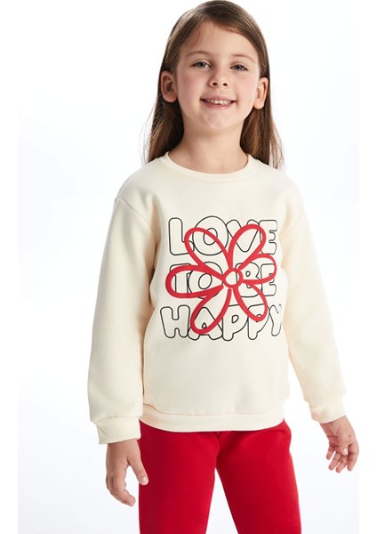 Lcw Kids Ekru Bisiklet Yaka Çiçekli Kız Çocuk Sweatshirt ve Pantolon 2'li Takım